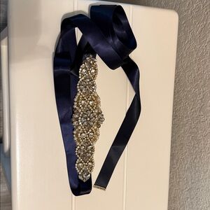 Navy satin ribbon belt with rhinestone embellishments